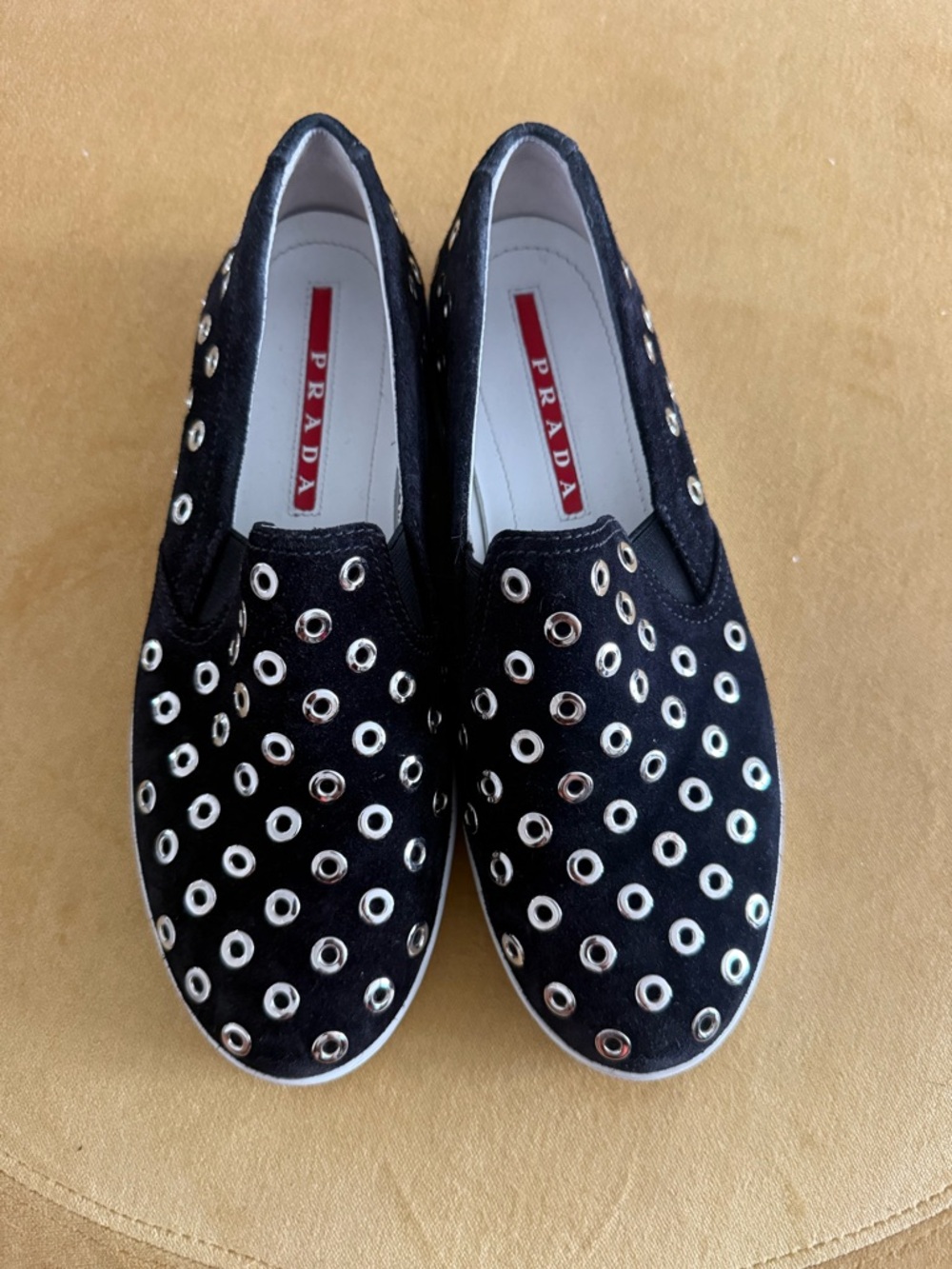 Prada Black Suede Slip-On Sneakers with Silver Eyelets - Picture 6 of 8